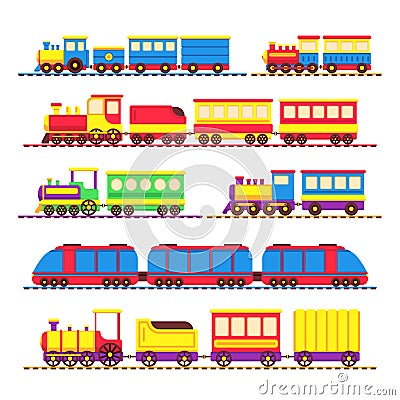 Cartoon kids toy trains, locomotive and wagons vector set Vector Illustration