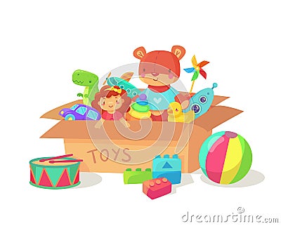 Cartoon kids toys in cardboard toy box. Children holiday gift boxes with child playthings. Plaything vector illustration Vector Illustration