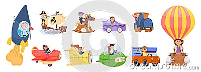 Cartoon kids in transport. Child airplane, children and vehicles and boat. Funny kid in truck and hot air balloon. Boy Vector Illustration