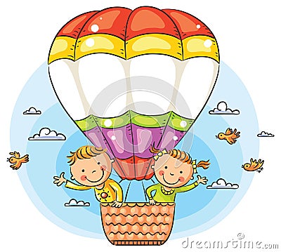 Cartoon kids travelling by air with copy space across the balloon Vector Illustration