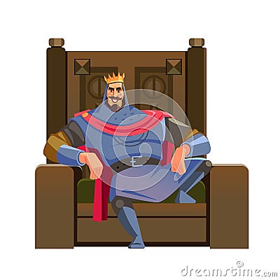 Cartoon King. Majesty happy king character on the throne, wearing crown and mantle, cartoon vector illustration isolated Vector Illustration