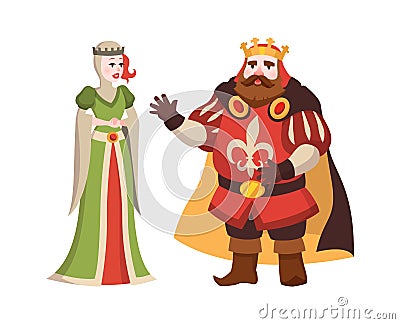Cartoon king and queen. Fairy tales characters in crown and royal clothes standing, illustration for child book, fantasy Vector Illustration