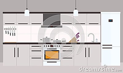 Cartoon kitchen interior with fridge, oven and cooking appliances Vector Illustration