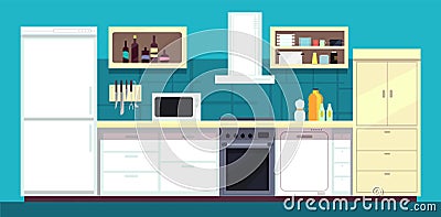 Cartoon kitchen interior with fridge, oven and other home cooking appliances vector illustration Vector Illustration