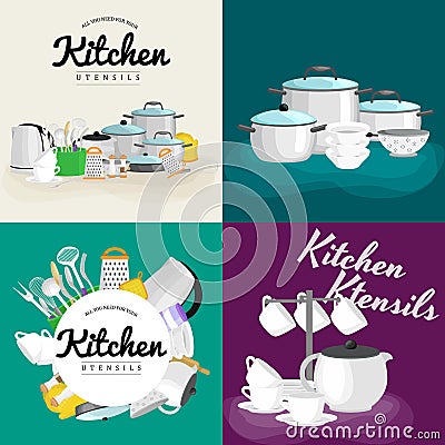 Cartoon kitchenware utensil collection.Steel kitchen household cutlery, cooking equipment Vector Illustration