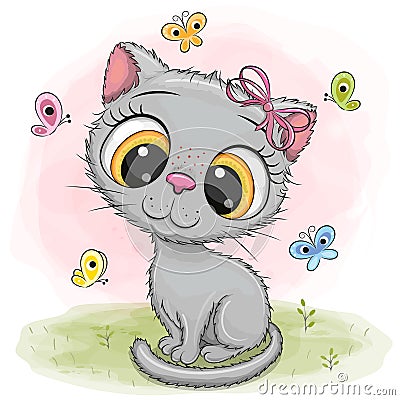 Cartoon Kitten girl on a meadow with butterflies Vector Illustration