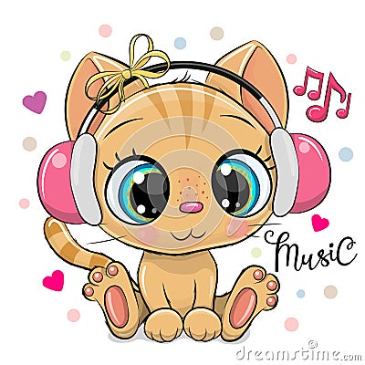 Cartoon Kitten with pink headphones on a white background Vector Illustration