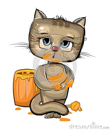 Cartoon Kitten sweet tooth got soiled with honey. Wooden cask. Naive Cat baby. Funny childish illustrations for print Vector Illustration