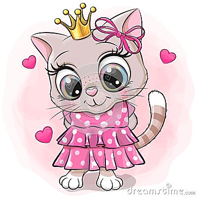 Cartoon Kitty Princess in a pink dress Vector Illustration