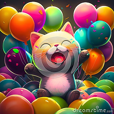 Cartoon kitty smiled and holds colored balloons. Generative AI Cartoon Illustration