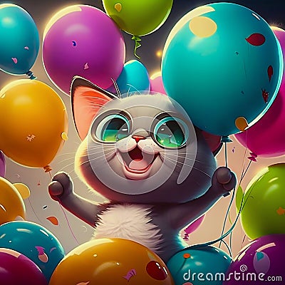 Cartoon kitty smiled and holds colored balloons. Generative AI Cartoon Illustration