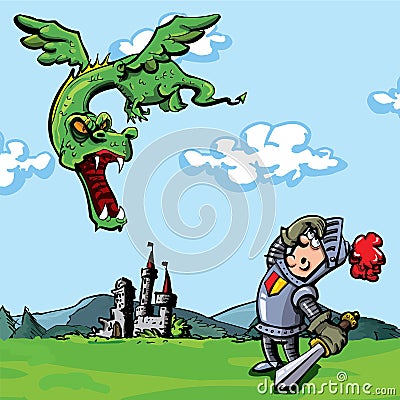 Cartoon knight attacked by a dragon Vector Illustration