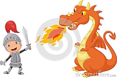 Cartoon knight with fierce dragon Vector Illustration