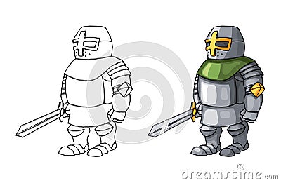 Cartoon medieval confident knight with sword, isolated on white background Vector Illustration