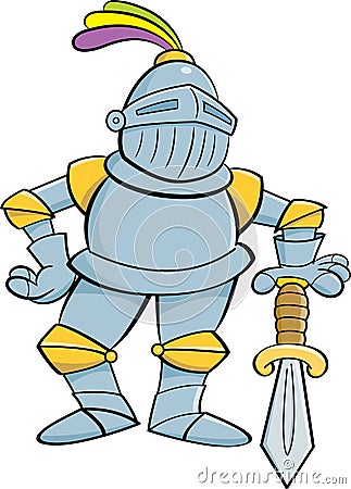 Cartoon knight leaning on a sword. Vector Illustration