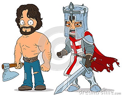 Cartoon knight and lumberjack characters set Vector Illustration