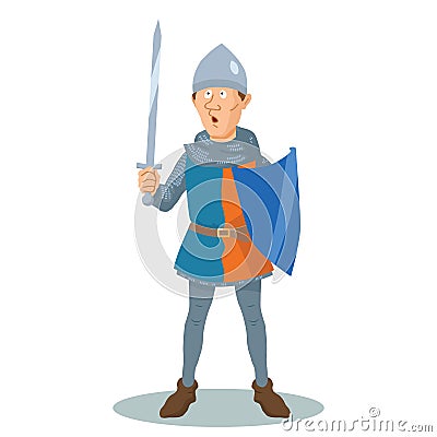 Cartoon knight in chain mail with a shield and a sword Vector Illustration