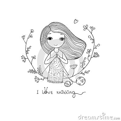 Cartoon Knitting girl. Intresting hobby. Coloring book Vector Illustration