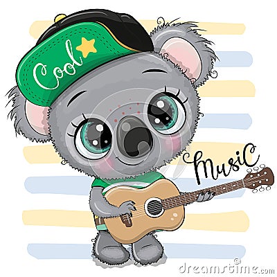 Cartoon Koala in a cap is playing guitar Vector Illustration