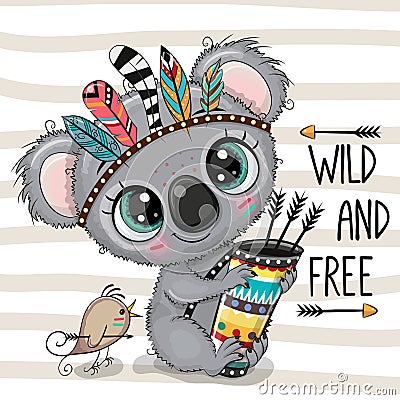 Cartoon Koala with feathers on a stripes background Vector Illustration