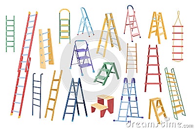 Cartoon ladder. Different types of stepladders, tall ladders for scaling new height isolated vector illustration set Vector Illustration