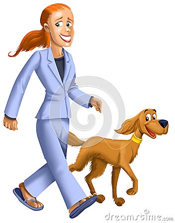 Cartoon of Lady walking Dog Stock Photo
