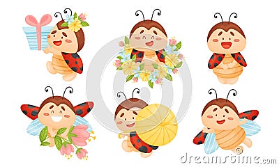 Cartoon Ladybug Carrying Gift Box and Holding Flower Vector Set Vector Illustration