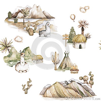 Cartoon llama watercolor illustrations. Cute llamas alpaca characters smiling, walking, in Peru desert landscape with Cartoon Illustration