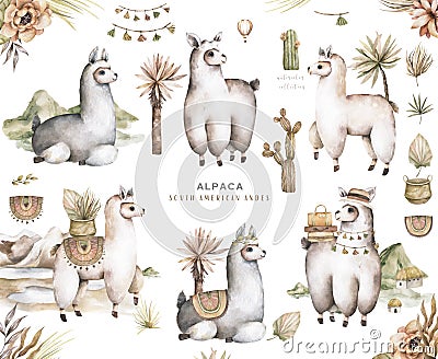 Cartoon lama watercolor illustrations. Cute llamas alpaca characters smiling, walking, jumping, sleeping in Peru desert Cartoon Illustration