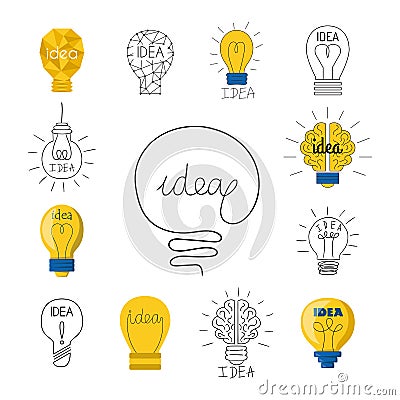 Cartoon lamp light bulb design flat vector illustration electric idea bright graphic solution concept. Vector Illustration