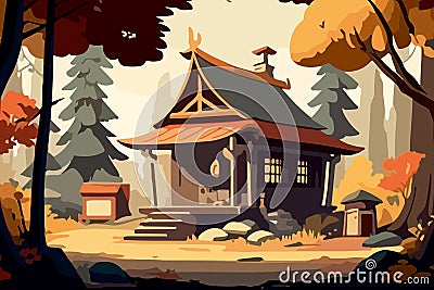 Cartoon landscape of Asian house in the forest. For your design Stock Photo