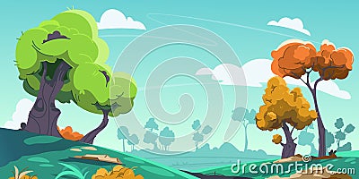 Cartoon landscape background. Countryside with green meadows and hills, nature park scene. Vector green environment Vector Illustration