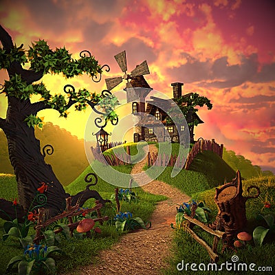 Cartoon landscape with a picture of a house and a windmill, as well as plants and wood. Stock Photo