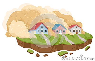Cartoon landslide, natural disaster. Mountain avalanche, dust clouds with stones extreme cataclysm disaster flat vector Vector Illustration