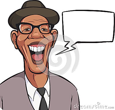Cartoon laughing black man in hat with speech bubble Vector Illustration