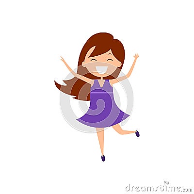 Cartoon laughing dark-haired girl jumping. Illustration happy child in violet dress. Vector Illustration