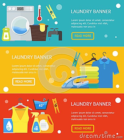 Cartoon Laundry Banner Horizontal Set. Vector Vector Illustration