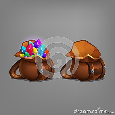 Cartoon leather bag with gems and minerals and empty leather bag. Vector Illustration