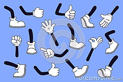 Cartoon legs and hands. Comic character gloved arm and feet in boots, retro doodle arms with different gestures, running Vector Illustration
