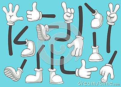 Cartoon legs and hands. Leg in boots and gloved hand, comic feet in shoes. Glove arm vector isolated illustration set Vector Illustration