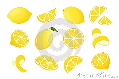 Cartoon lemon. Yellow citrus peel, piece and slice logo, and chopped lemons. Vector lemonade ingredient set Vector Illustration