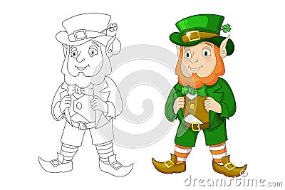 Cartoon Leprechaun in green frock coat and top hat with four-leaf clover Vector Illustration