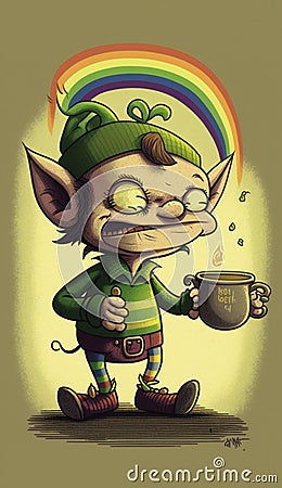 A leprechaun on a St. Patrick's Day with rainbow Stock Photo