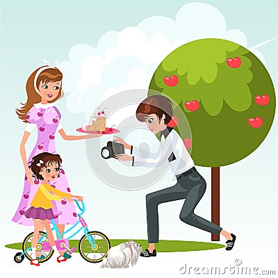 Cartoon lesbian mother with little child on bicycle Vector Illustration