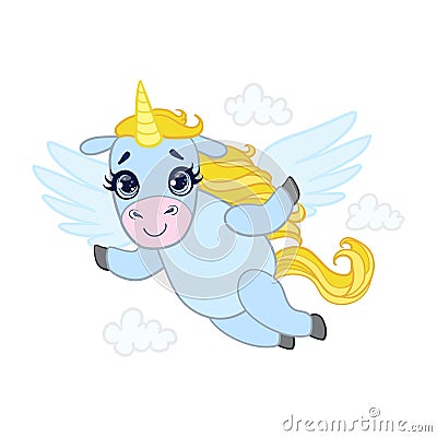 Cartoon light blue lovely flying unicorn. Colorful vector character Vector Illustration