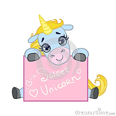 Cartoon light blue lovely unicorn seating with a greeting card. Colorful vector character Vector Illustration