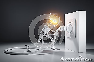 Cartoon light bulb robot attaches an electrical plug to the wall Stock Photo