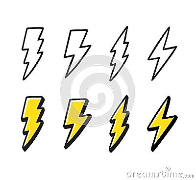 Cartoon lightning doodle set Vector Illustration