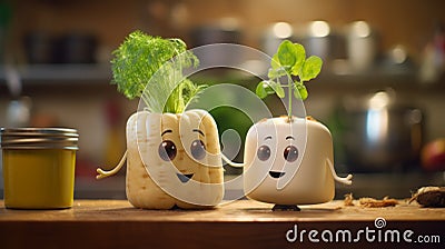 Cheesy Turnip Friends: Talking Plants With Faces In Pixar Style Stock Photo