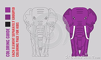 Cartoon and line art style elephant front view. Kids Learning Game Coloring page for Children. Cartoon Animal Elephant Vector Illustration